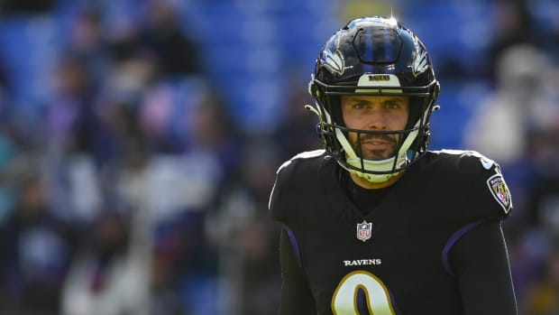Dec 31, 2023; Baltimore, Maryland, USA; Baltimore Ravens place kicker Justin Tucker (9) on the field before the game against the Miami Dolphins at M&T Bank Stadium. Mandatory Credit: Tommy Gilligan-USA TODAY Sports
